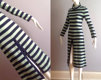 Vintage 70s Striped Turtleneck Sweater Dress ~ Bilboquet Preppy Button Slit Knit Maxi