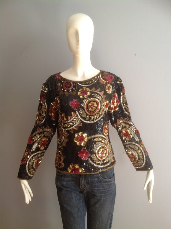 Vintage 80s Silk Sequined Shirt ~ Beaded Deco Eve… - image 2