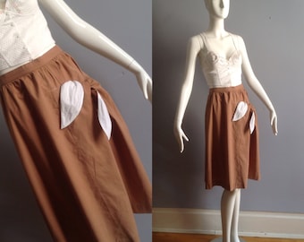 80s Gerard Pasquier Paris Skirt ~ Vintage Cotton Bowtie Pocket Summer Midi ~