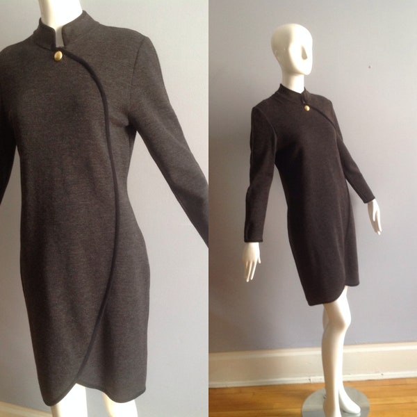 Vintage Guy Laroche Wool Knit Dress ~ 80s Grey & Black Body Con Dress ~ Faux Wrap Tricots Paris Designer Dress