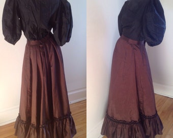 Silk Taffeta Bustle Maxi Skirt ~ Vintage Brown Raw Silk Formal Skirt with Ruffle Trim ~ Victorian Inspired Skirt