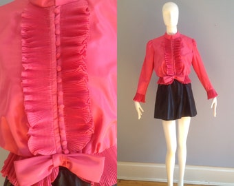 Vintage Pleats Please 70s Blazer ~ Bubble Gum Pink Ruffle Pleat Formal Taffeta Cropped Jacket by   Fortuny