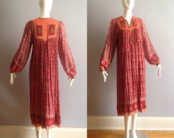 Vintage Ethnic Indian Cotton Gauze Dress ~ Boho Hippie Satin Quilted Bib Sheer Maxi ~ Floral Hand Blocked Sheer  Billow Sleeve Dress