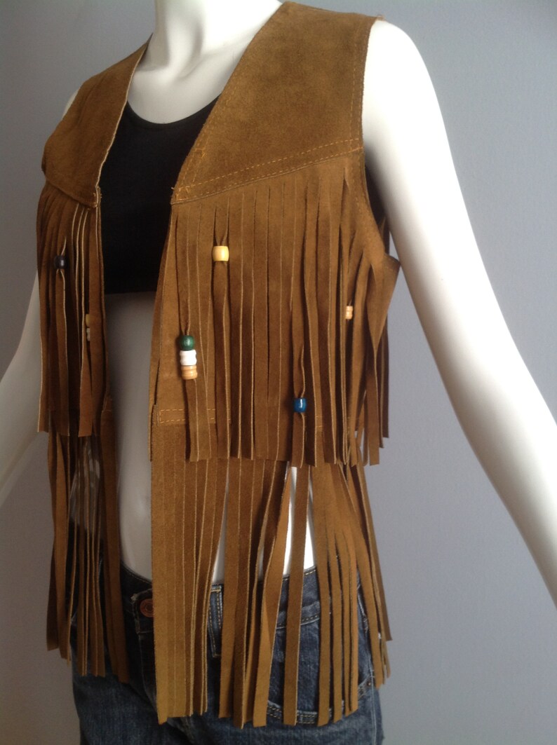 Vintage 70s Boho Hippie Brown Suede Fringe Vest ~ Cropped Beaded Leather Festival Vest ~ Long 