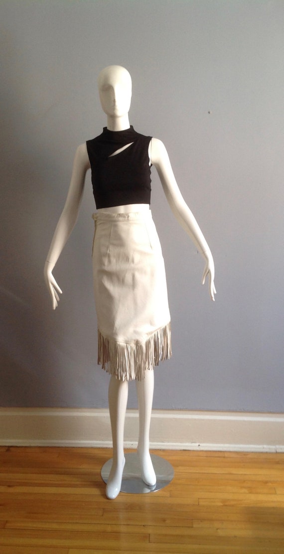 Vintage 1980s High Waisted White Leather Skirt Wi… - image 2