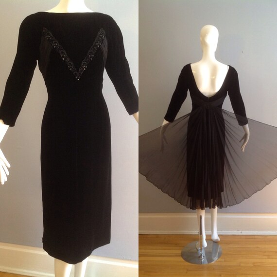 Vintage 40s Black Silk Velvet Dress with Sequins a