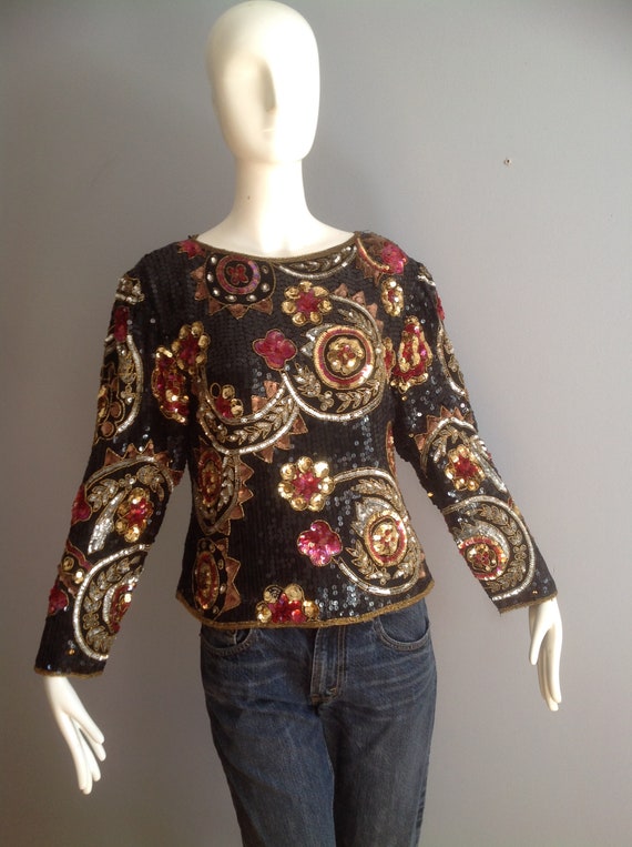 Vintage 80s Silk Sequined Shirt ~ Beaded Deco Eve… - image 6