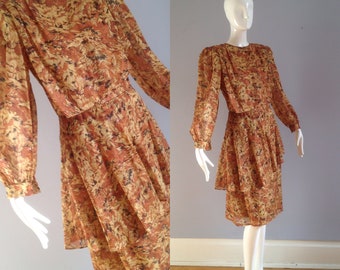 Vintage 80s Sheer Silk Dress ~ Paper Thin Floral Flutter Midi ~ Peplum Skirt by B Lux