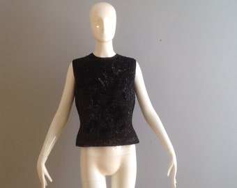 Vintage 50s 60s Paillette Sequin Evening Top ~ Art Deco  KnitTank Shell ~   Formal Retro Wool Party Shirt ~ made in British Hong Kong