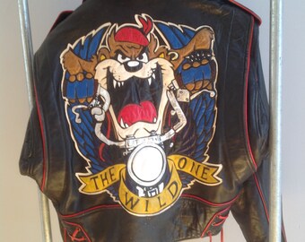 Vintage  Black Leather Biker Moto Jacket - Tasmanian Devil Jeff Hamilton Looney Toons Motorcycle Jacket -  Taz Wild Thing Cartoon Culture