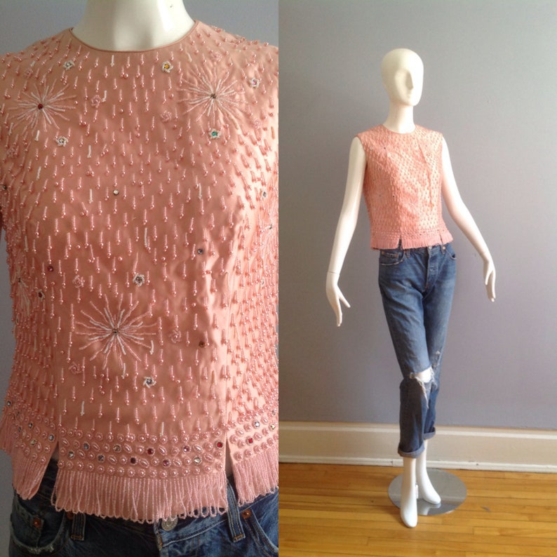 Vintage 1950s Raw Silk /& Sequin Sleeveless Tank ~ Made in Hong Kong Beaded Formal Shell Shirt ~ Retro Crop Top