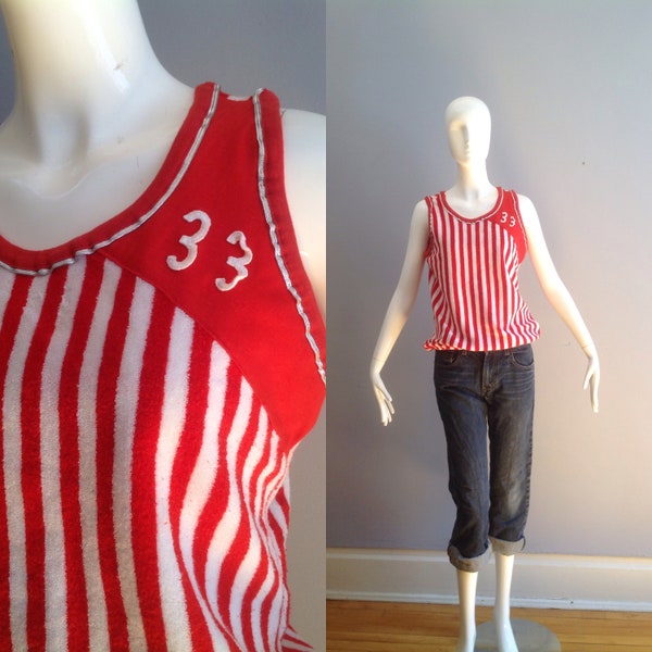 Vintage 80s Russell Striped Terrycloth Tank ~ Rad Retro Athletic Sport Top ~ NumberedJersey