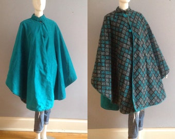 Vintage Reversible Tweed Ultrasuede Cape ~ Turquoise Nubby Knit Wrap ~ Boho Hippie Poncho
