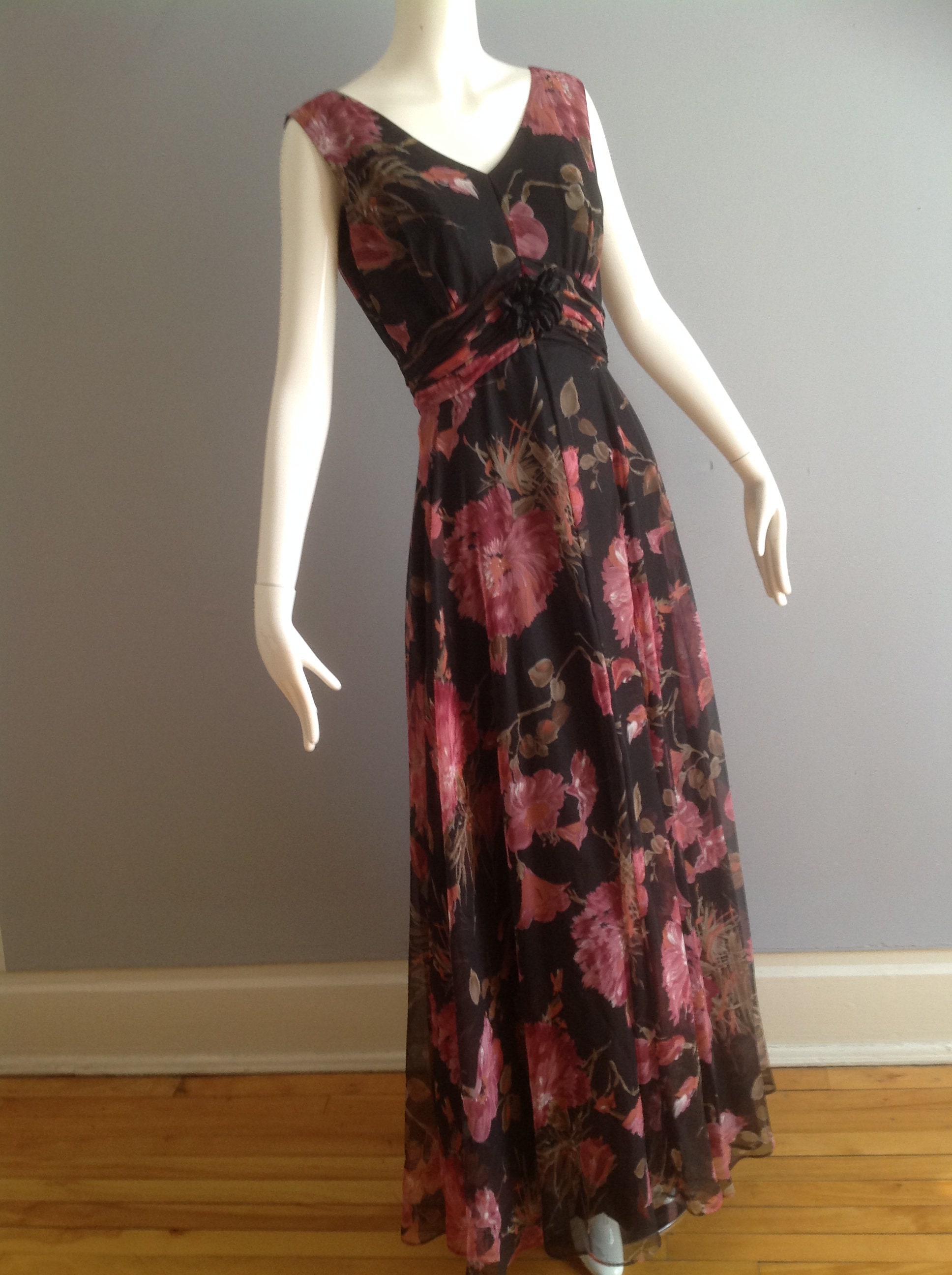 Vintage 70s Chiffon Maxi Dress Sheer Peony Floral Gown - Etsy