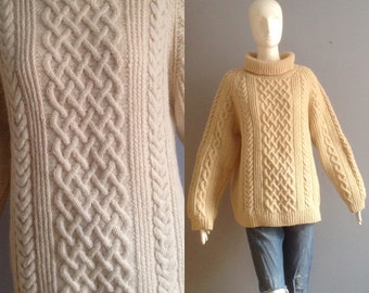 Vintage Chunky Wool Cable Knit Turtleneck ~ Irish Fisherman Style Sweater ~ Winter Jumper