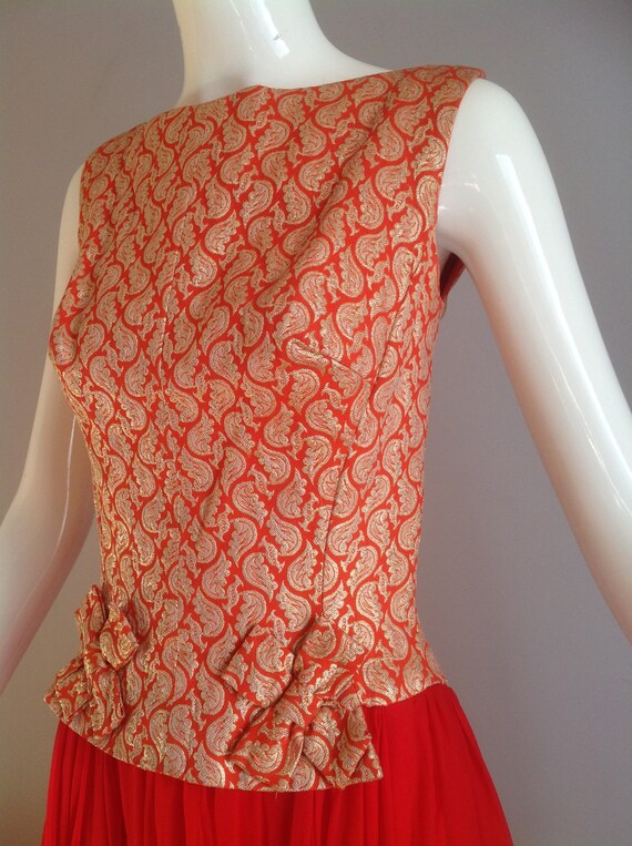 Vintage 60s Brocade Silk Dress ~ Red & Gold Metal… - image 7