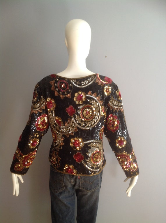 Vintage 80s Silk Sequined Shirt ~ Beaded Deco Eve… - image 8