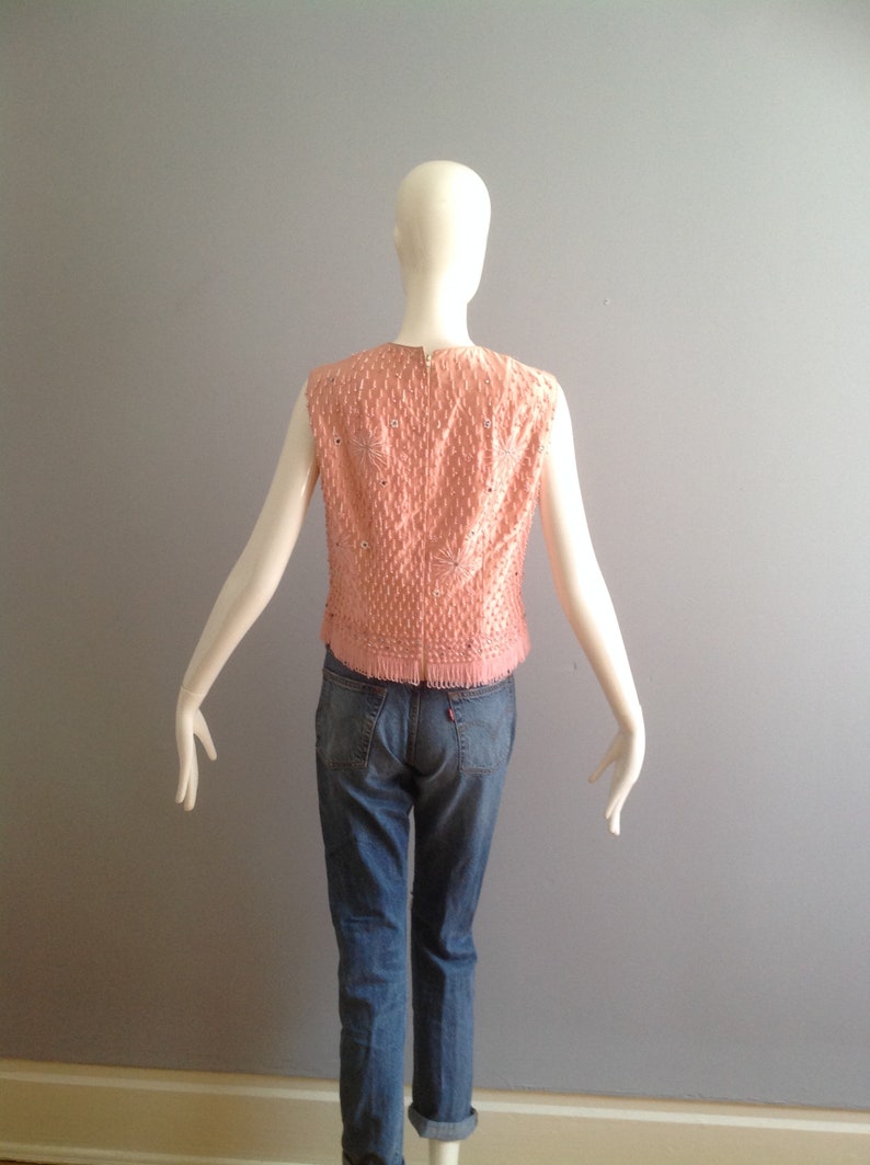 Vintage 1950s Raw Silk /& Sequin Sleeveless Tank ~ Made in Hong Kong Beaded Formal Shell Shirt ~ Retro Crop Top