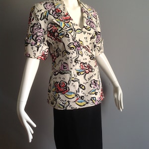 Vintage Karl Lagerfeld Paris Floral Grafitti Blazer and Pencil Skirt ~ Designer 80s Power Suit ~ Short Sleeve Jacket & Mini Ensemble