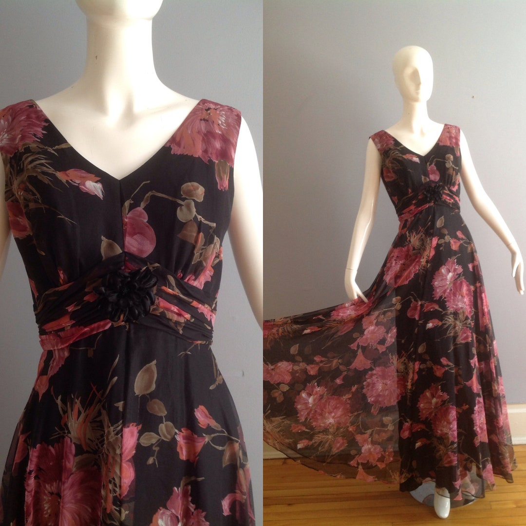Vintage 70s Chiffon Maxi Dress Sheer Peony Floral Gown Boho Hippie ...