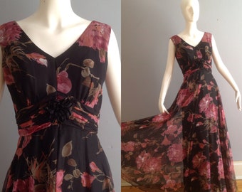 Vintage 70s Chiffon Maxi Dress ~ Sheer Peony Floral Gown ~ Boho Hippie Party Dress ~ Formal Full Sweep Skirt
