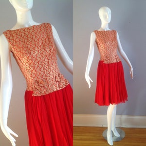Vintage 60s Brocade Silk Dress Red & Gold Metallic Floral Bodice Pleated Chiffon Skirt Formal Party Dress by Sabians Bild 1