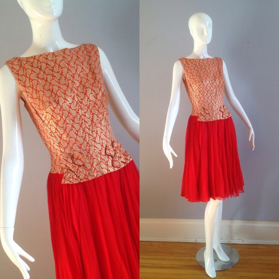 Vintage 60s Brocade Silk Dress ~ Red & Gold Metal… - image 1