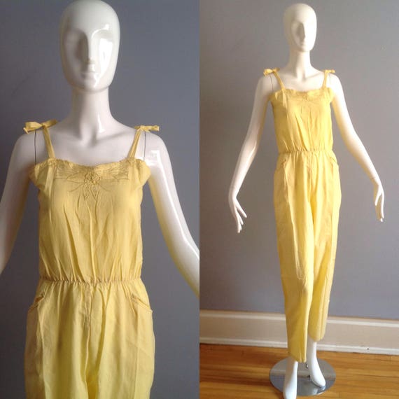 Vintage 70s Yellow Cotton Jumpsuit ~ India Embroid