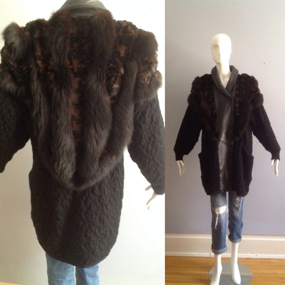 Vintage 80s Fur & Leather Sweater Coat ~ Genuine … - image 1