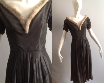 Vintage 1950s Formal Party Dress with Genuine Mink Fur Trim ~ Steel Grey Taffeta Retro Gown