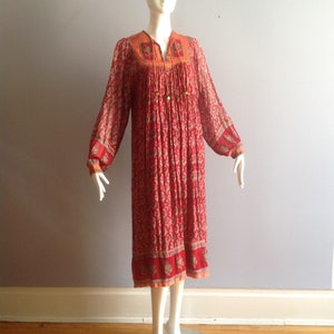 Vintage Ethnic Indian Cotton Gauze Dress ~ Boho Hippie Satin Quilted Bib Sheer Maxi ~ Floral Hand Blocked Sheer  Billow Sleeve Dress