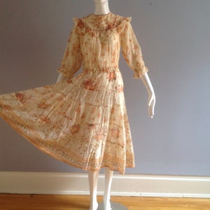 Vintage 70s Cotton Gauze Indian Dress ~ Made In India Deadstock Boho Hippie Billow Sleeve Floral Midi ~ Ethnic Indian Dress