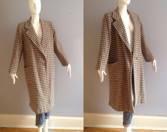 Vintage 80s Wool Plaid Coat ~ Boxy Oversize Blazer Jacket ~ Perry Ellis Pouch Pockets