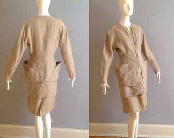 Vintage Anne Marie Beretta Linen 2 Piece Ensemble ~ Modern Sculptural Blazer Jacket and Skirt ~ Summer Beige Designer Outfit
