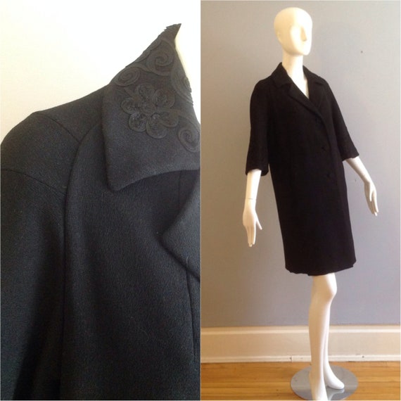 Vintage 40s 50s Retro Black Coat ~ Soutache Collar