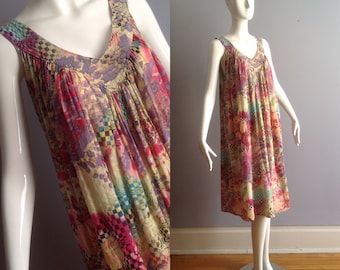 Vintage Sheer Ethnic Cotton Gauze Dress ~ Boho Hippie Pleated Tent Dress with Pockets ~ Indian Summer Midi