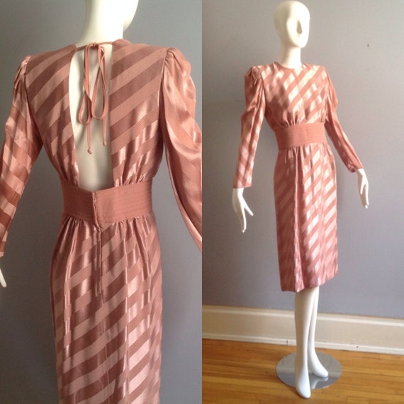 Vintage Wayne Clark Satin Stripe Dress ~ Open Bac… - image 1