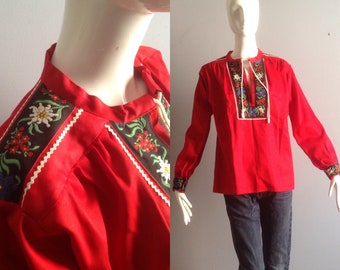 Vintage Hand Embroidered Peasant Blouse ~ Hungarian Ethnic Cotton Red Bohemian Tunic Top ~ Boho Hippie Shirt