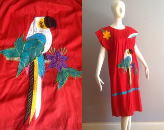 Vintage Mexican Embroidered Parrot  Dress ~ Boho Hippie Red Artisan Summer Caftan ~ Patchwork Applique