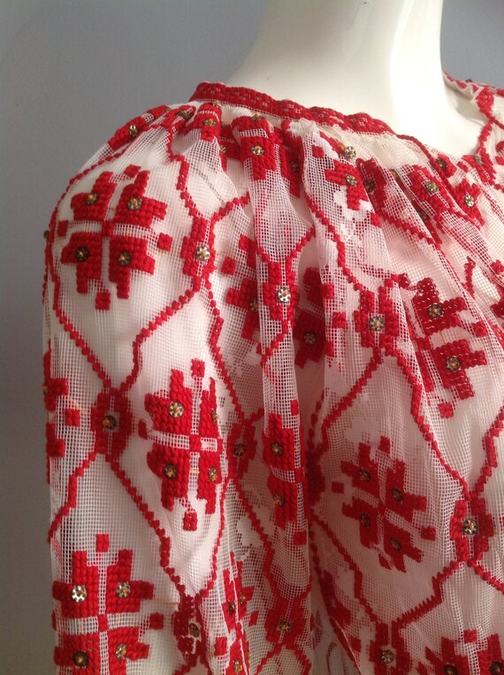 Romanian Hungarian Embroidered Lace Tunic ~ Vinta… - image 7