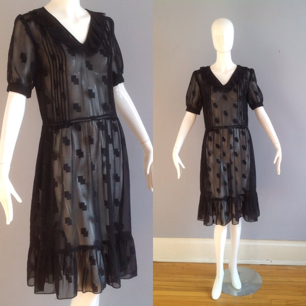 Sheer Black Retro Ruffle Dress ~ Vintage 30s 40s Style Drop Waist Flapper Midi ~ Slip Lingerie Dress