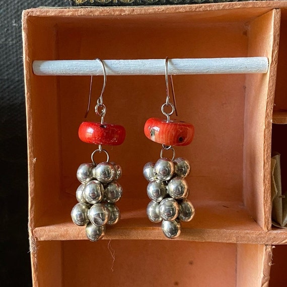 Vintage Mexican Silver and Coral Earrings - image 1