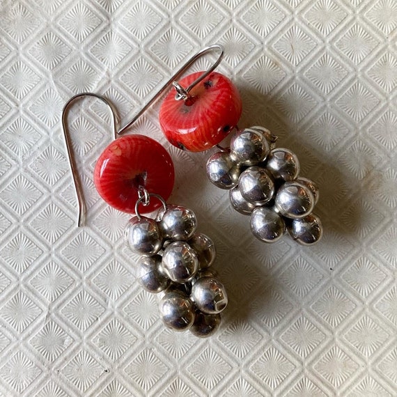Vintage Mexican Silver and Coral Earrings - image 4