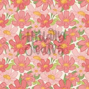 May include: A seamless pattern featuring pink and white flowers with yellow centers on a cream background. The flowers are drawn in a simple, whimsical style.