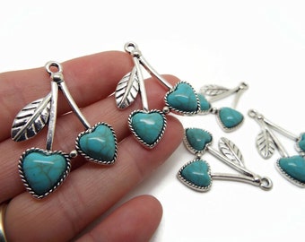 5 Faux Turquoise Cherry Pendants in Antique Silver Style, 37x26mm with 2mm Hole, Heart Shaped Faux Gemstone Fruit Charms, UK Shop