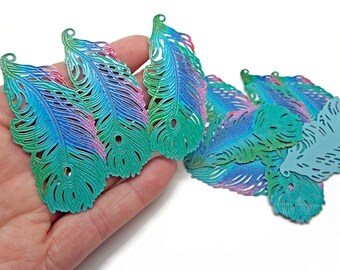 10 Large Filigree Feather Pendants, Enamelled in Green Blue Purple & Pink, 60x27mm, Stamped Metal, UK Shop