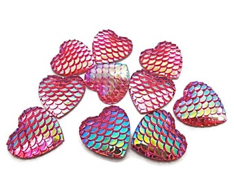 16mm Red Mermaid Cabochons, Dragon Scale Style, Heart Cabochons, 20 Red AB Resin Heart Flatbacks, Fish Scale Style Cabs, Valentine, UK Shop