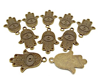 10 Hamsa Evil Eye Pendants, 35mm Bronze Charms, Hand of Fatima Jewelry Charms, Yoga Charms, UK Shop