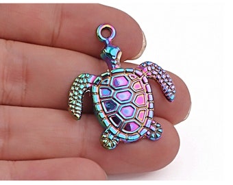 5 Rainbow Turtle Pendants, 33x25mm Animal Sealife Jewelry, Metal Charms with 2mm Hole, Keyring Charm, UK Shop