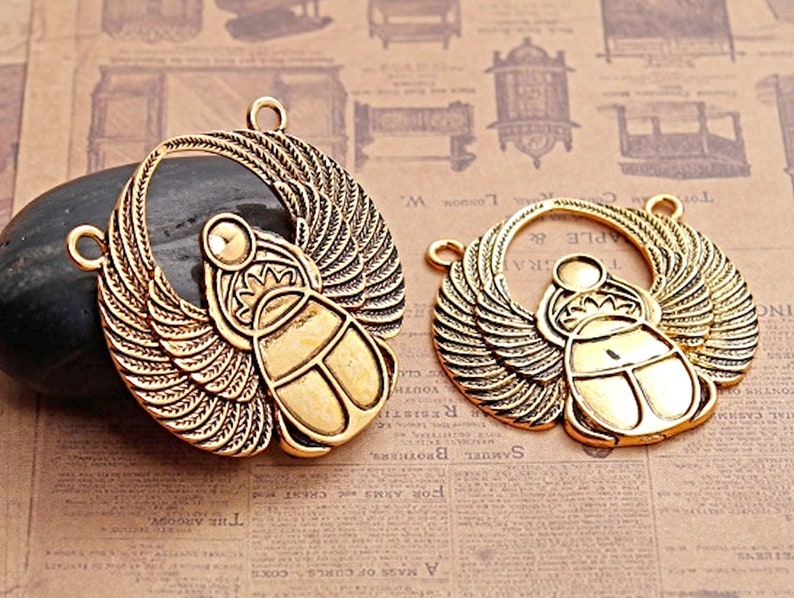 3 Antique Gold Scarab Pendants with Two Holes, 42x41mm Large Alloy Beetle Keyring or Bag Charm, UK Shop image 4